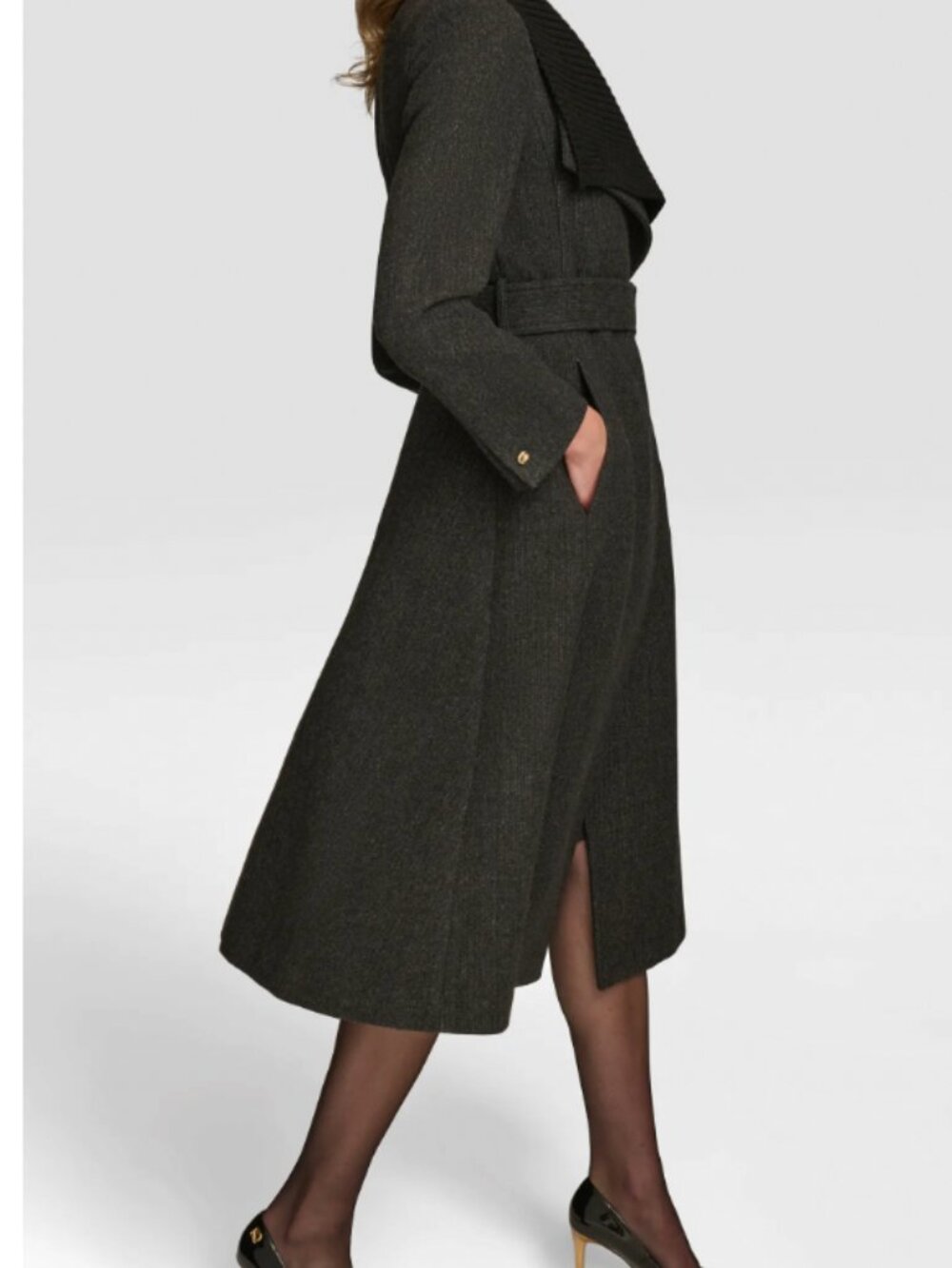 Donna Karan Rib Belted Wool Blend Wrap Coat - Picture 4 of 9
